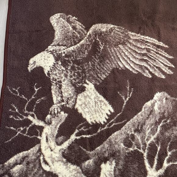 Vtg Eagle Branch Nature Blanket Reversible Brown Cream 62x46 Heavy 80s 90s VG - Picture 2 of 6